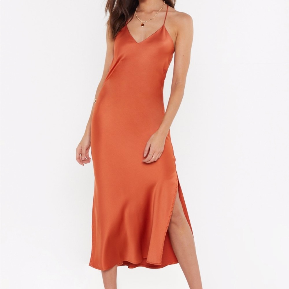 NWT Rust Orange Satin Dress with High Slits and Cowl Back from Nasty Gal